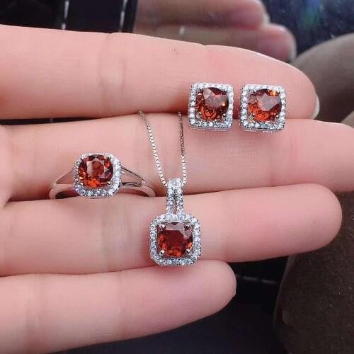 Real Natural Garnet jewelry set Natural Real Garnet 925 sterling silver 1pc pendant,1pc ring,2pcs Earring
