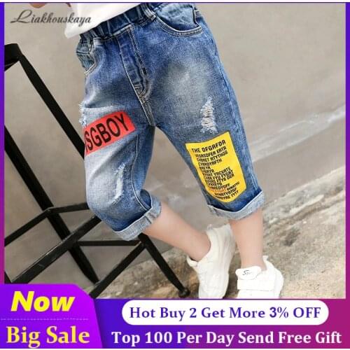 2020 FashionNew Summer Shorts For Kids Jeans Teenagers Casual Denim Pants Letter Printed Soft Straight Elastic Waist Thin 4Y-16Y
