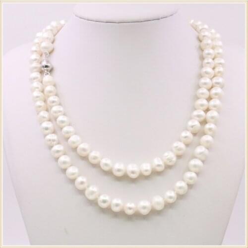 7-8mm White Long 2Row Natural Fresh Water Pearl Necklace Women Girl Beads Neckwear Jewelry Making Design Silver Color Mine Clasp
