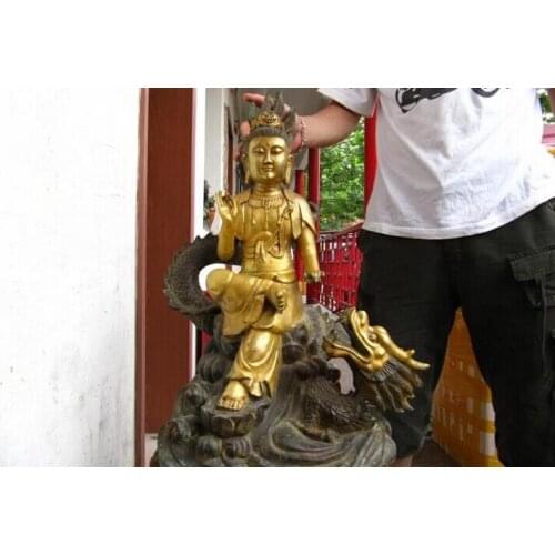Song voge gem S0624 25Large Bronze Copper Gild Kwan-Yin Guan yin Bodhisattva Ride on Dragon statue
