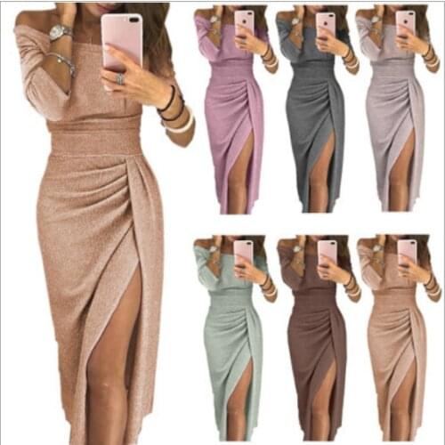 Sequins Oblique Shoulder Womens Dresses A-line High Waist Split Pink Female Dress Elegant Office Lady Wedding Party Clothes New