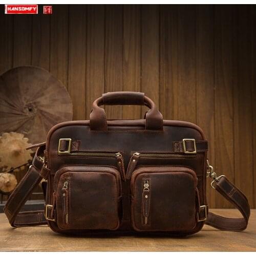 Handmade Cowhide Leather briefcase Men shoulder dual-purpose mens bag handbag large-capacity crossbody back pack travel bags
