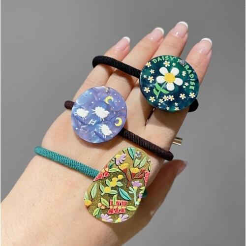 Women Vintage Acetate Flowers Starry Sky Hair Rope Girl Cute Balls Hair Accessories