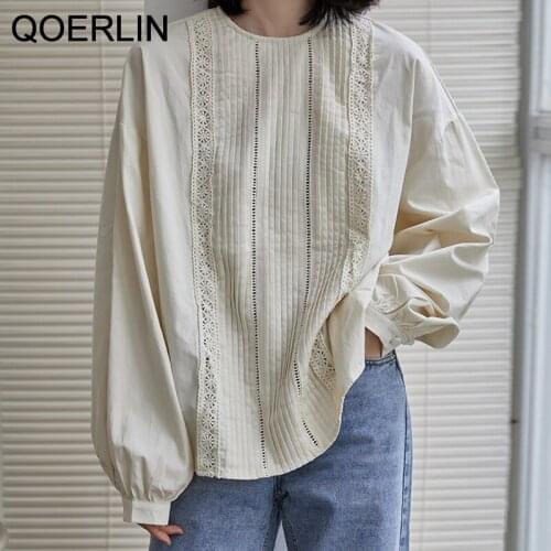 QOERLIN Retro French Elegant Organ Lantern Sleeve Top O Neck Long Sleeve Shirt Female Loose Hollow Out Pleated White Shirt Blusa