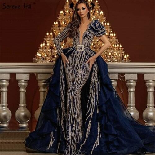 Dubai Sequined Beading Luxury Sexy Evening Dresses 2020 Blue Long Sleeve Flowers Formal Dress Serene Hill BHM67079 Couture Dress