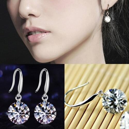 Women Silver Plated Ear Hook Crystal Dangle Earring 8mm Rhinestone Jewelry Accessories EAR-0279