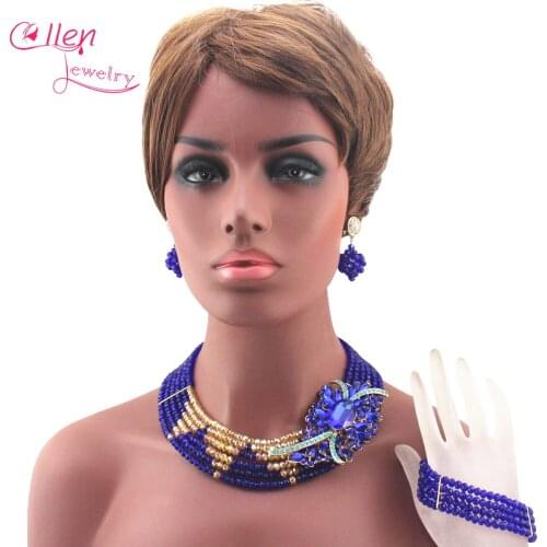Splendid Royal Blue Beads African Crystal beads Jewelry Set dubai women Necklace set Earrings Bracelet W13348