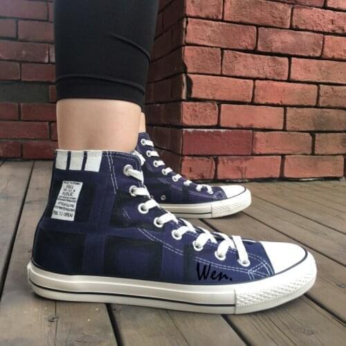 Wen Blue Hand Painted Shoes Design Custom Man Womans Sneakers Tardis Doctor Who High Top Men Womens Canvas Sneakers