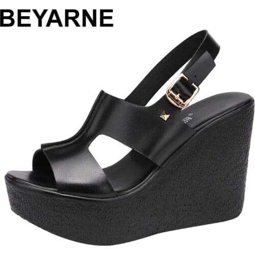 BEYARNE11cm High Heel Wedges Heel Sandals Women Summer2021New Thick Bottomed Platform Open Toe Black White Sandals Size 32 To 43