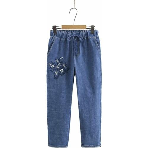 Plus size Elastic Waist blue cotton embroidery women pants 2021 new spring autumn casual ladies pants female trousers