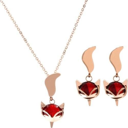 YUN RUO 2019 Fashion Red Stone Fox Stud Earring Set Rose Gold Color Woman Birthday Gift Titanium Steel Jewelry Hypoallergenic