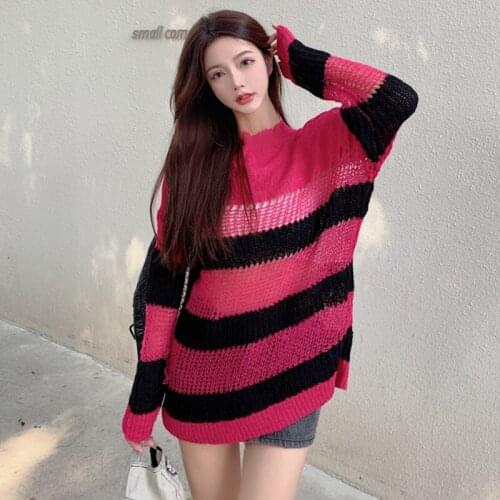 Women Y2k Thin Long Sleeve O Neck Sweaters Gothic Lady Loose Hollow Out Long Striped Sweater Autumn Korean Fashion Knitted Top