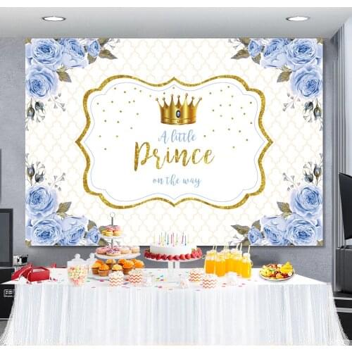 Gold Crown A little Princess Prince Is On The Way Blue Flower Pattern Birthday Party Baby Shower Photo Backdrop Photo Background