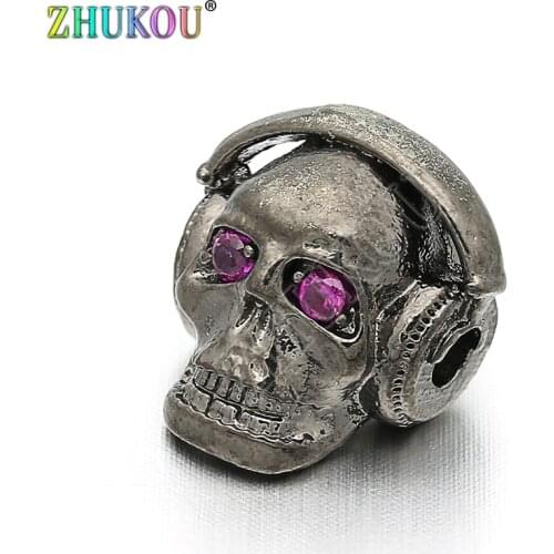 12*14mm Brass Cubic Zirconia Skull Beads Volume Tone Control Knobs Men Bracelet Charms, Mixed Color, Model: VZ117