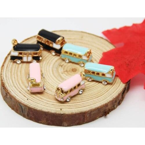 Lot of 4PCS Gold Plated 3D Bus Charm with Rhinestone Floating Enamel Mini Car Pendant for DIY Necklace Bracelet Jewelry