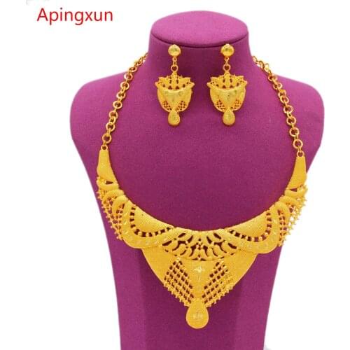 PINXUN 24K Charms Dubai Ethiopia African Gold Color Necklace/Earrings Jewelry Set for Women/Bridal Wedding Fashion Russia Gifts