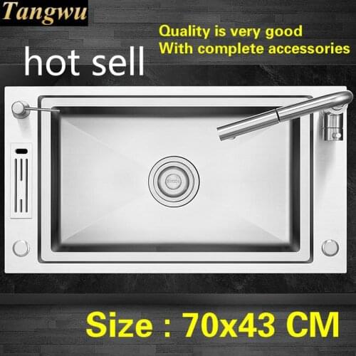 Free shipping Deluxe kitchen manual sink single trough push-button drainer 304 food grade stainless steel hot sell 700x430 MM