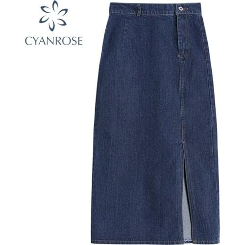 Classic Split Denim Jeans Skirt Women Summer Korean Elegants A-line Skirts Streetwear High Waist Mid-calf Length All-match Jupe