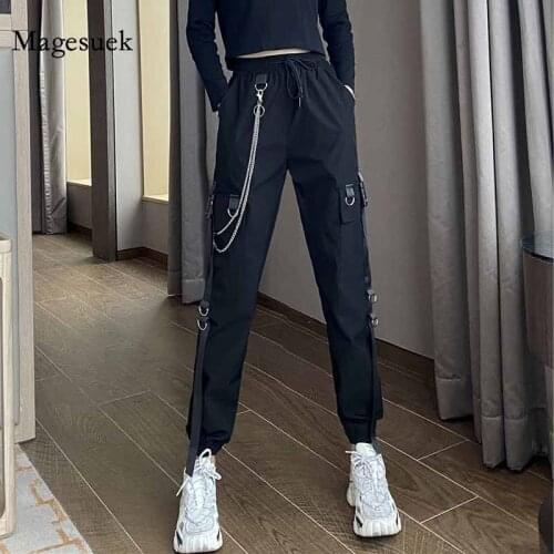 Elastic Waist High Streetwear Buckle Ribbon Pocket Pant Jogger Harajuku Women Cargo Pants Punk Ring Chain Females Trousers 12826