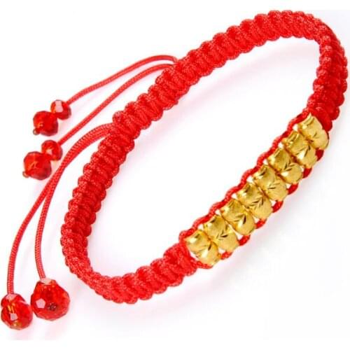 J.Lee 24K Yellow Gold 8 Oval Bead Lucky Red Knitted Bracelet 1.1g