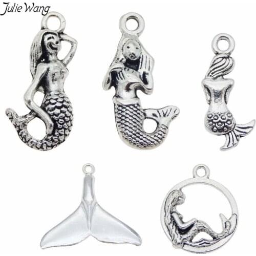 Julie Wang 15pcs Mixed Mermaid Charms Jewelry Findings Antique Silver Color Key Chain Bracelet Hanging Accessory DIY Making