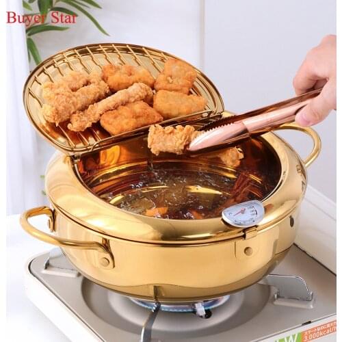 Stainless Steel Frying Pot with a Thermometer and a Lid Japanese Deep Tempura Fryer Pan Convenient Skillet Safe Kitchen Tools