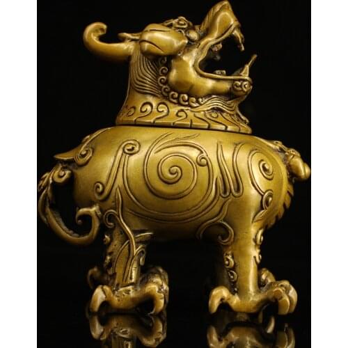 6"Chinese Folk Collection Old Bronze Pixiu Statue Unicorn head incense burner Office Ornaments Town House Exorcism