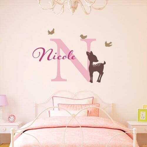 Little Deer Cute Pattern With Birds And Custom Kids Name Wall Murals Home Children Bedroom Decor Art Vinyl Wall Stickers W-164
