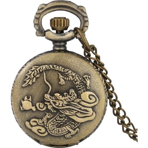Mini Size Bronze Dragon Display Necklace Pendant Watch Kids Men Women Retro Pendant Clock with Chain