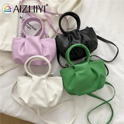 Fashion Women Pleated Solid Color Cloud Shoulder Crossbody Messenger Bag Casual Ladies PU Leather Small Ring Handle Handbags