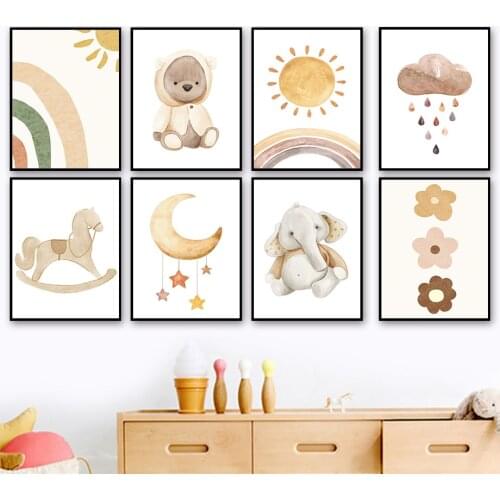 Cartoon Elephant Bear Trojan Horse Rainbow Sun Wall Art Canvas Painting Nordic Posters And Prints Wall Pictures Kids Room Decor