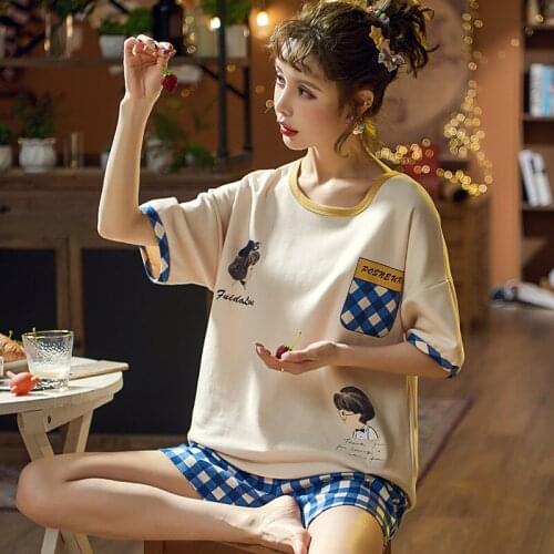 Pajama Womens Summer Short Sleeve Pure Cotton Thin Short Pants Suit Pajamas Set