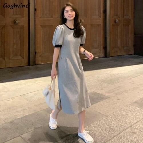 Dresses Women Soft Mid-calf Elegant Streetwear Korean Summer Casual Fashion Patchwork Female Simple Lantern Sleeve New Cozy Slim