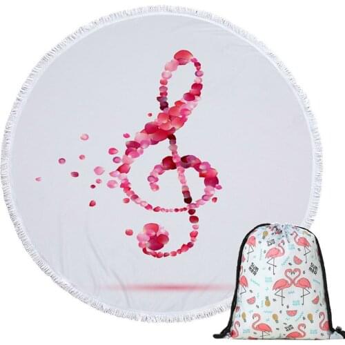 Music Note Beach Towels with Drawstring Backpack Bag Shower Summer Round Microfiber Towel Yoga Mat Blanket Towel with Tassels