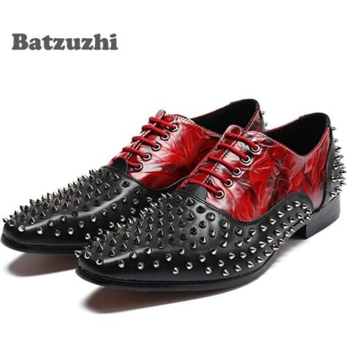 Luxury Men Leather Shoes with Rivets Studs Oxford Dress Shoes Prom and Banquet Men Party Footwear Black Red Spikes Shoes Men
