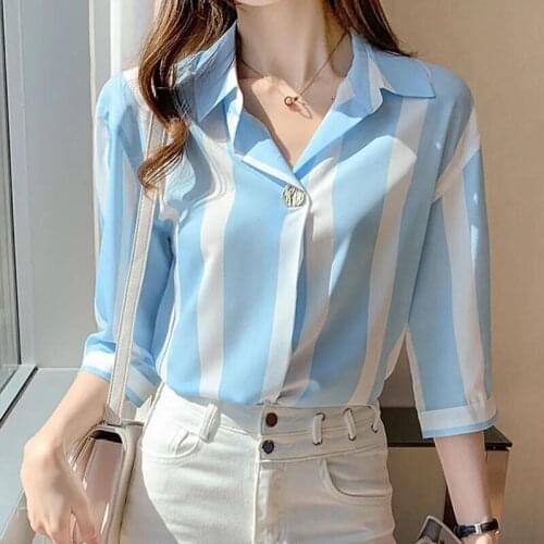 Spring Summer Women Chiffon Fashion Blouses Shirts Blue Stripe Polo-Neck Temperament All-Match Blusas Tops MM0255