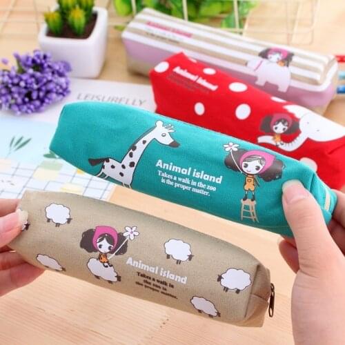 Lovely Girl Canvas Pencil Case Cute Korean Kawaii Cartoon Fabric Zipper Animal Pencil Bag for Kids School Supplies Free Shipping