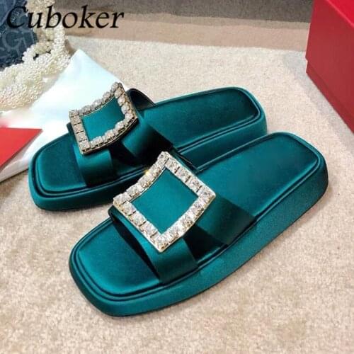 Summer Brand Designer Women Flat Slippers Square Crystal Button Decor Ladies Slides Square Toe Comfortable Lazy Shoes For Women