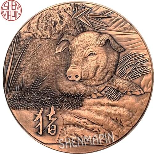 Three-dimensional Relief Double Sided Pig Commemorative Coin Chinese Culture Zodiac Pig Red Copper Art Coins Collectibles