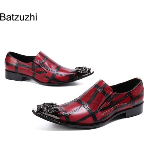Batzuzhi Italian Type Mens Shoes Metal Pointed Toe Wine Red Genuine Leather Dress Shoes Men Party & Wedding Zapatos Hombre