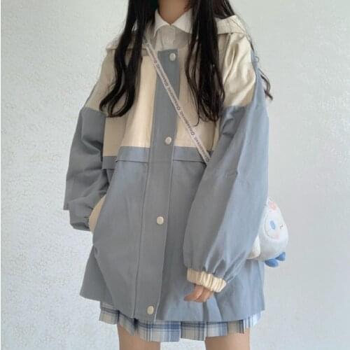 Japanese casual fashion women jacket Harajuku stitching Ulzzang Outerwear hooded jacket large size ins kawaii Preppy Style Coats