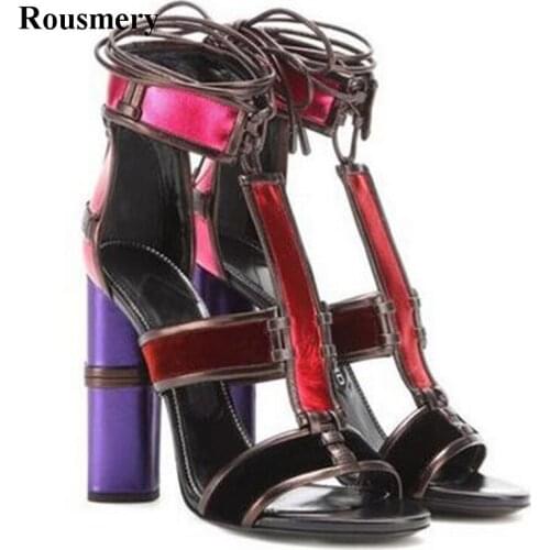 Women Open Toe Straps Design Ankle Strap Thick Heel Sandals Denim Lace-up Strap Combined High Heel Gladiator Sandals Dress Shoes