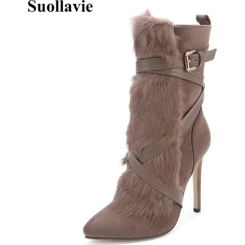 Suollavie Winter Autumn Women Pointed Toe Snow Mid-Calf Boots Sexy Rabbit Fur Thin High Heels Cross Strap Stiletto Plush Shoes