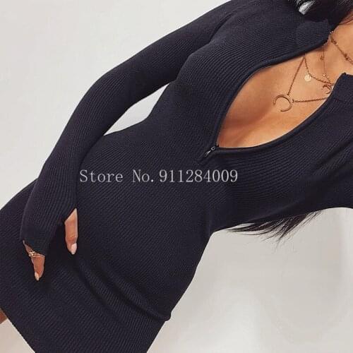 Ladies Elegant Solid Party Dress Women Casual Half-Zip Long Sleeve Rib Bodycon Dress Winter Spring Slim Mini Dresses Knitwear