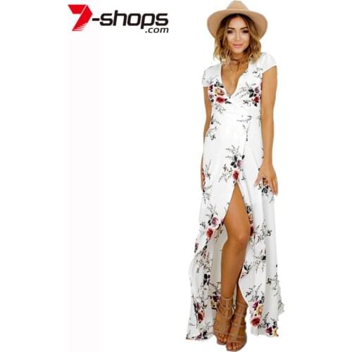 Women Dress Deep V-Neck Boho Side Split Print Dress Women Maxi Dress Short Sleeve Robe Female Beach Summer Long Dresses Vestido