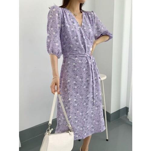Women Dress Vintage V Floral Purple Midi Dress Summer