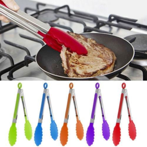 1PC Silicone Cooking Food Serving BBQ Stainless Tongs Steel Handle Utensil Kitchen Tool Supplies