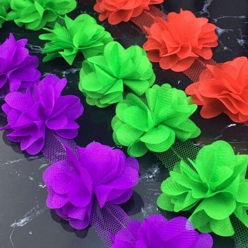 10Yards=120PCS Flowers 3D Chiffon Cluster Flowers Lace Wedding Dress Decoration Bridal Fabric Lace Trimming DIY Baby Hair Band