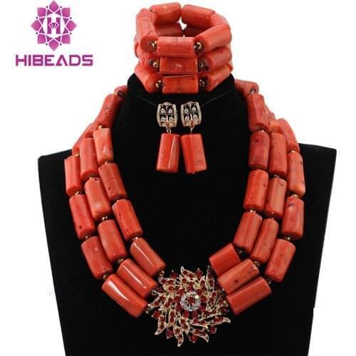African Wedding Coral Beads Necklace Set 3 Layers Beaded Necklace Bracelet Earrings Set for Women Free Shipping CNR554