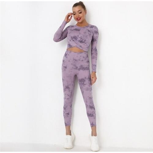 Tie Dye Seamless Sports Suit For Women Slim Yoga 2 piece Suit Brushed Nudity Bodycon Long Sleeve Sportswear Tracksuit